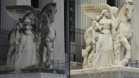A side-by-side view of the same statuary sculpture before and after a public-private partnership allowed for a cleaning. On the left, the statue is darkened with spots of grime, while on the right it is cleaned and dazzling.