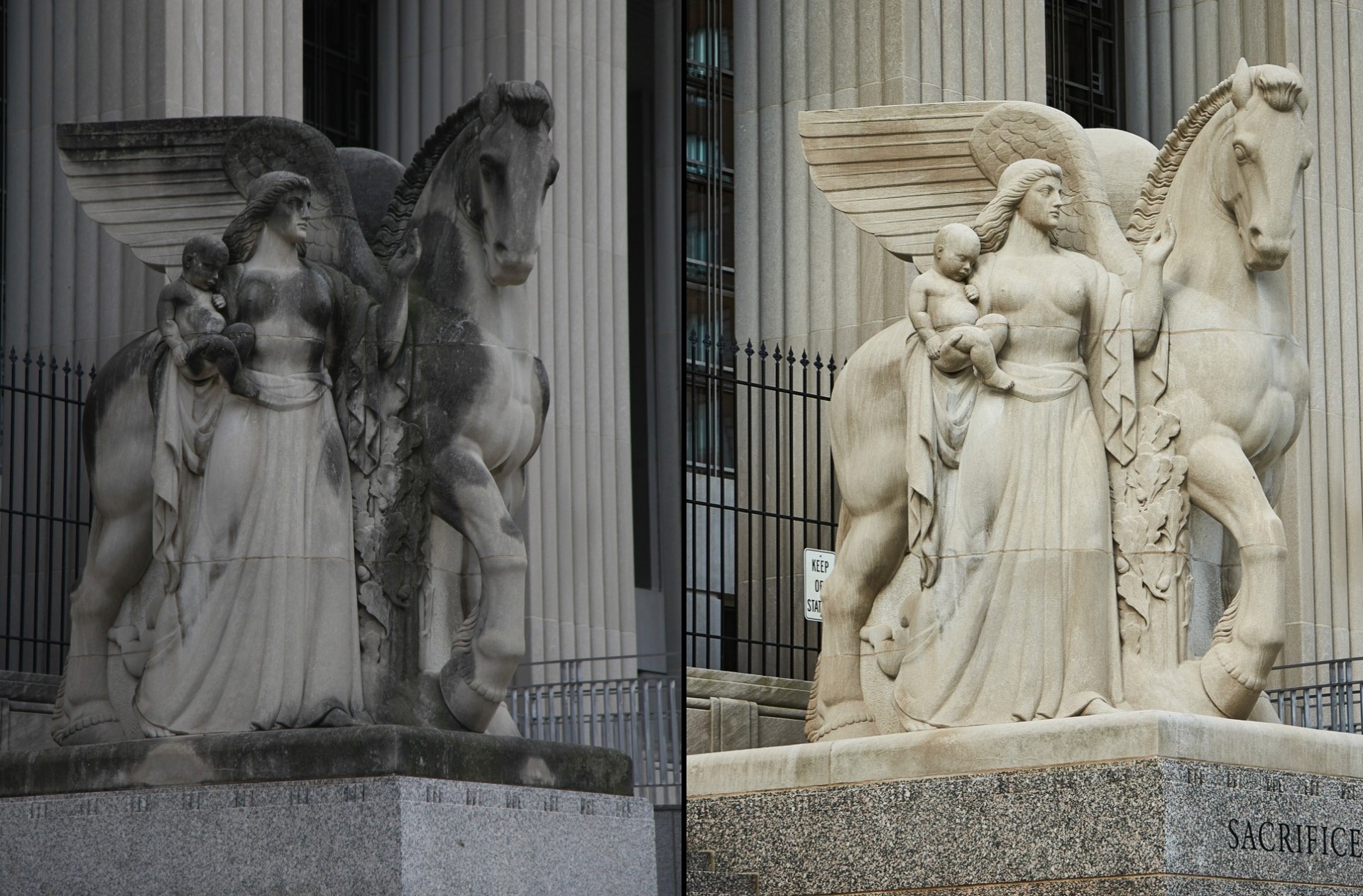 A side-by-side view of the same statuary sculpture before and after a public-private partnership allowed for a cleaning. On the left, the statue is darkened with spots of grime, while on the right it is cleaned and dazzling.