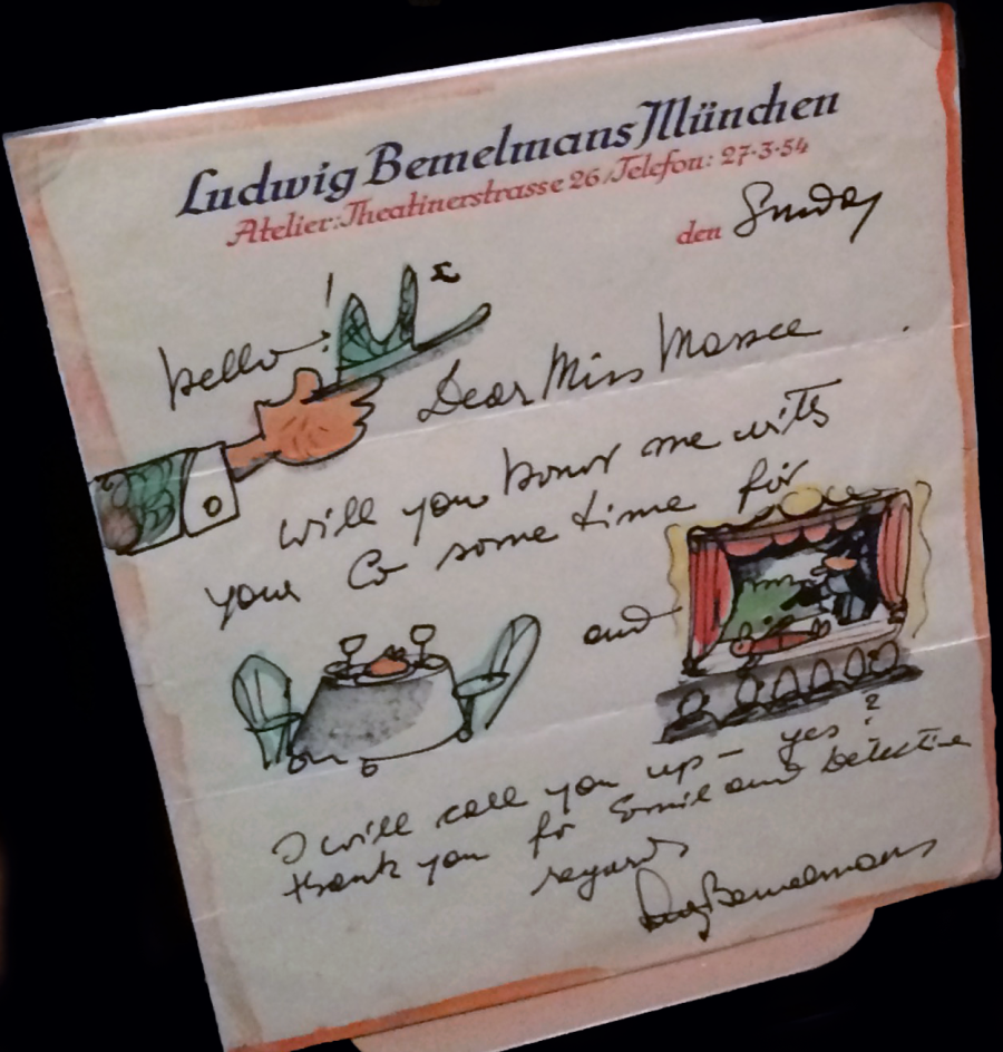 A hand-written cursive letter on personal stationary with whimsical stylized illustrations interspersed. The letter reads "hello! Dear Miss Massee, Will you honor me with you @ some time for [illustration of a dinner table] and [illustration of a play] I will call you up -- yes? thank you for [illegible] regards, Ludwig Bemelmans" 