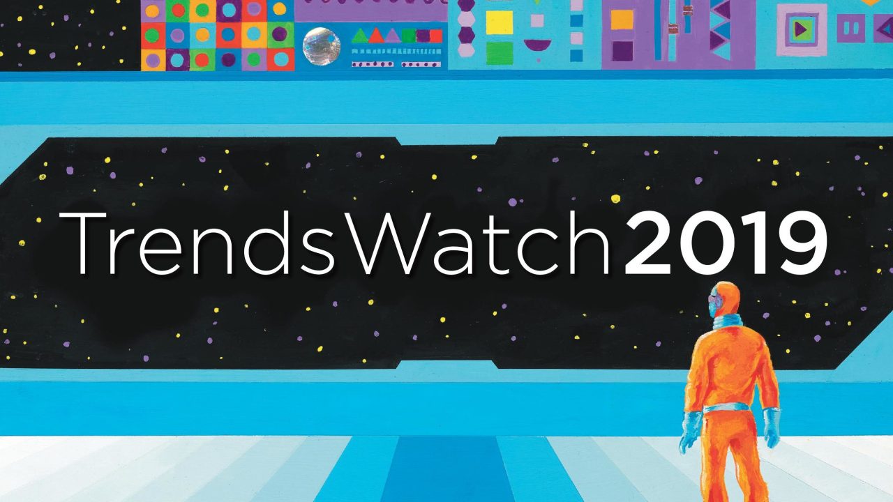 In the cover art for the 2019 edition of TrendsWatch, a figure in futuristic dress looks out into a view of space with a console consisting of abstract shapes above it.