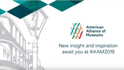 Image of a New Orleans street drawn in the background with two teal shapes at the top left with the American Alliance of Museums logo and New insight and inspiration await you at #AAM2019 below