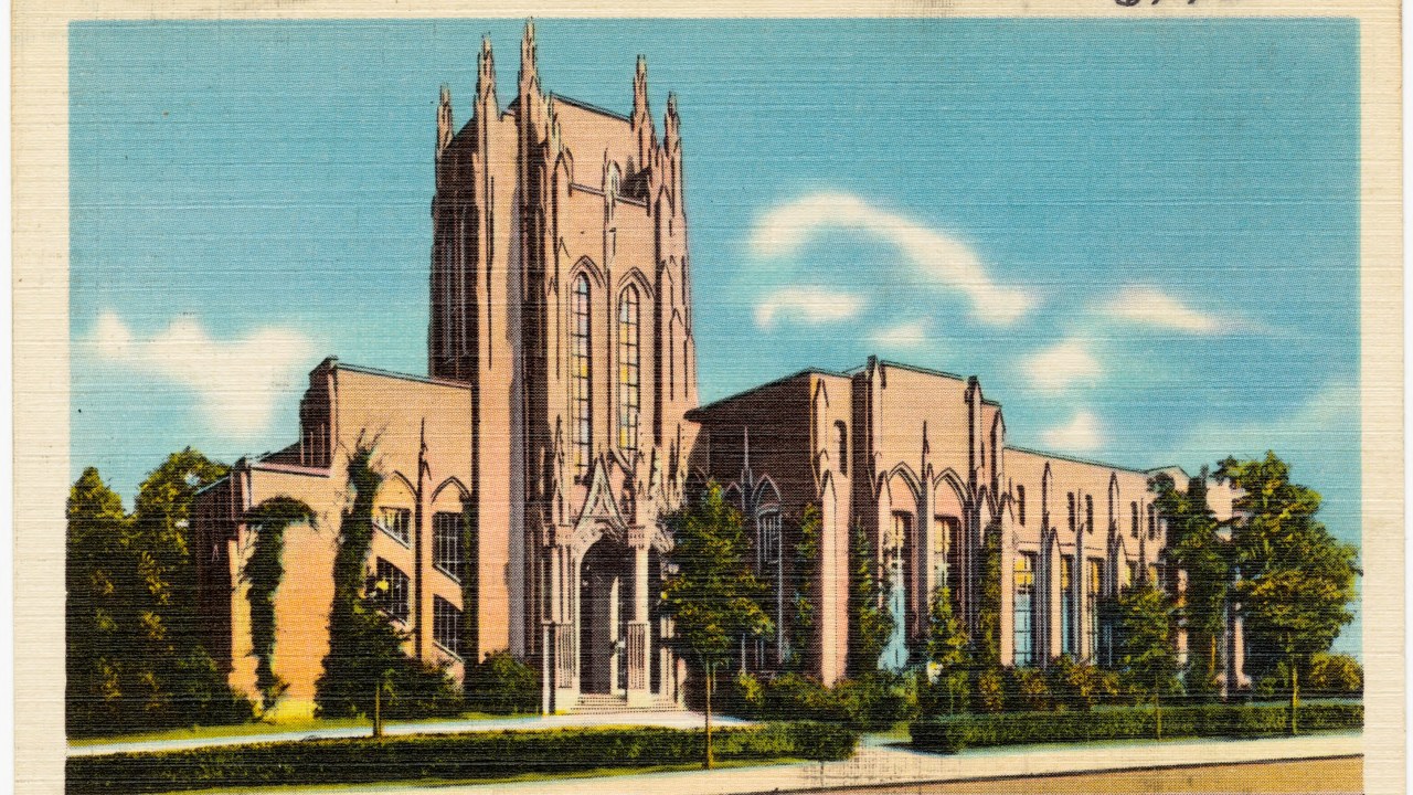 An illustration of the outside of the Peabody Museum building, which has Gothic architectural features.