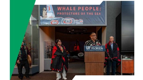Several indigenous people stand ourtside of the Whale People Protection of the Sea exhibition.
