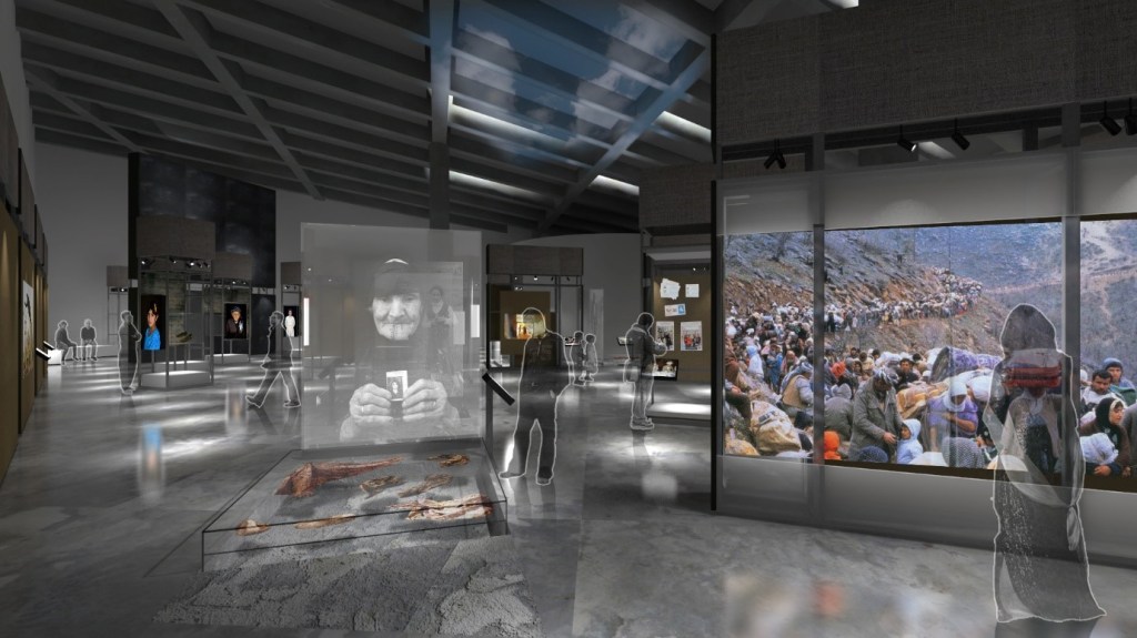 A rendering shows hypothetical visitors engaging with projected photographs and physical artifacts.
