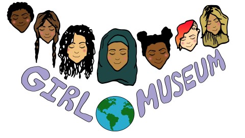 A mural of girl's faces, in a diverse range of skin tones and personal styles. Underneath is the logo "Girl Museum" with a globe between the words.