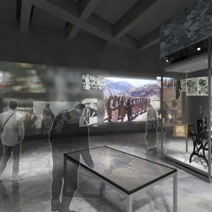 A rendering shows hypothetical visitors inside a gallery displaying physical artifacts like a military uniform and projected images plus an interactive display table.