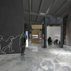 A rendering of the museum's permanent exhibition shows hypothetical visitors entering a gallery with the title "The Road to Anfal." A line drawing of a procession of people runs along to wall leading in, and screens inside the exhibition shows projections of Kurdish scenes.
