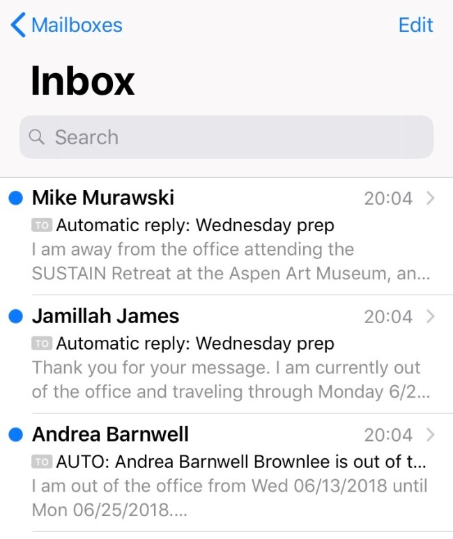 The email inbox on an iPhone shows three emails: One from Mike Murawski with the subject line "Automatic reply Wednesday prep" and the preview text "I am away from the office attending the SUSTAIN Retreat at the Aspen Art Museum, an...", one from Jamillah James with the subject line "Automatic reply: Wednesday prep" with the preview text "Thank you for your message. I am currently out of the office and traveling through Monday 6/2...," and one from Andrea Barnwell with the subject "AUTO: Andrea Barnwell Brownlee is out of t..." and the preview text "I am out of the office from Wed 06/13/2018 until Mon 06/25/2018...."