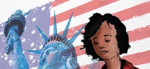 Cover art for How To Be An American with an illustration of a woman against the backdrop of the Statue of Liberty and an American flag.