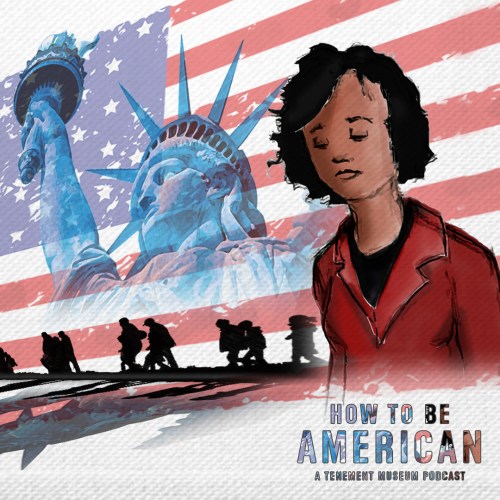 Cover art for How To Be An American with an illustration of a woman against the backdrop of the Statue of Liberty and an American flag.