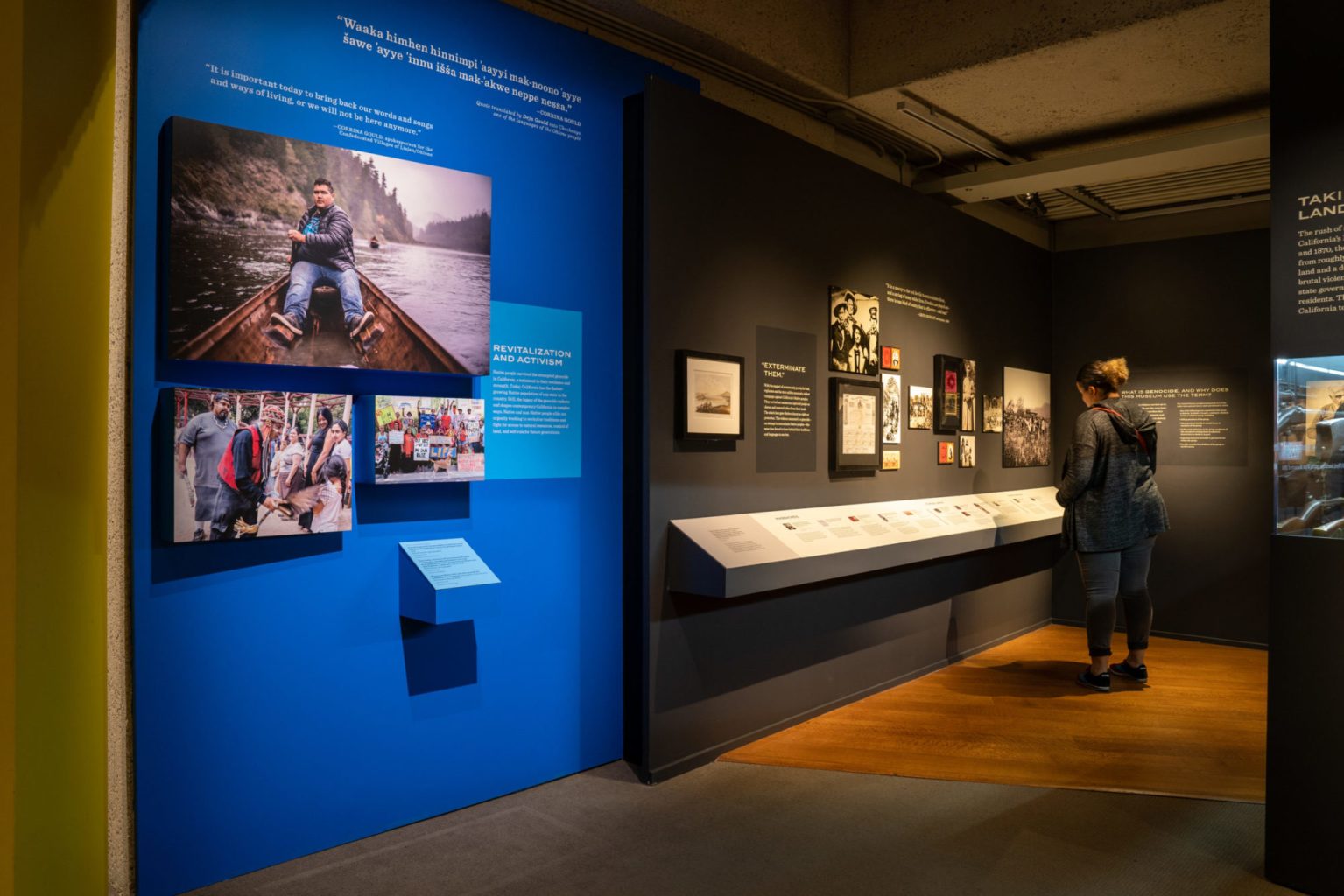 A view of a gallery with a blue wall and the label "Revitalization and Activism."