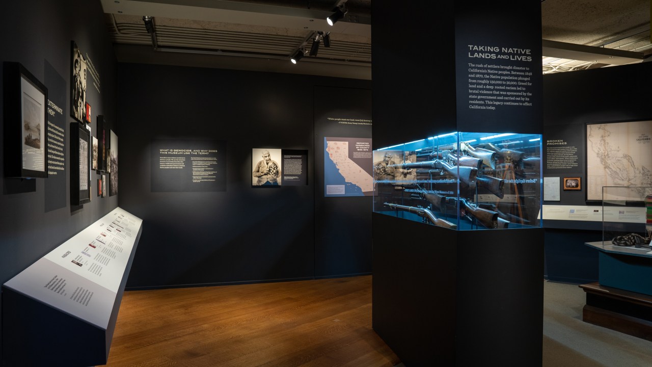 Interior view of the exhibition, with a display case of guns and the title "Taking Native Lands and Lives" visible