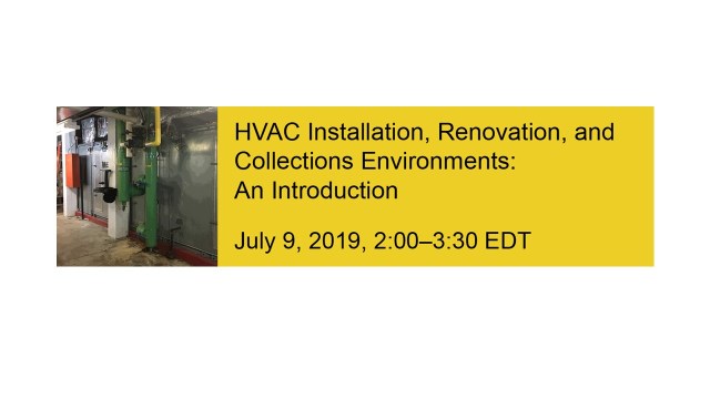 Image of HVAC pipes next to yellow block with text about the event to the right