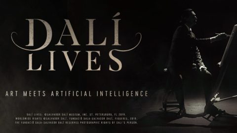 An image of Dali in profile painting at an easel, with the tagline "Dali Lives: Art Meets Artificial Intelligence"