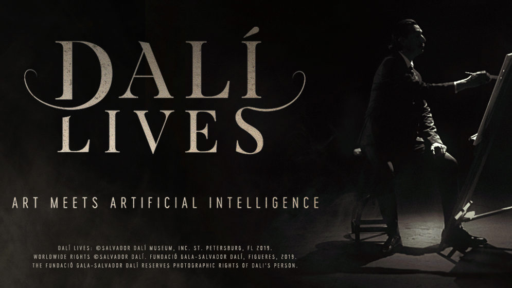 An image of Dali in profile painting at an easel, with the tagline "Dali Lives: Art Meets Artificial Intelligence"