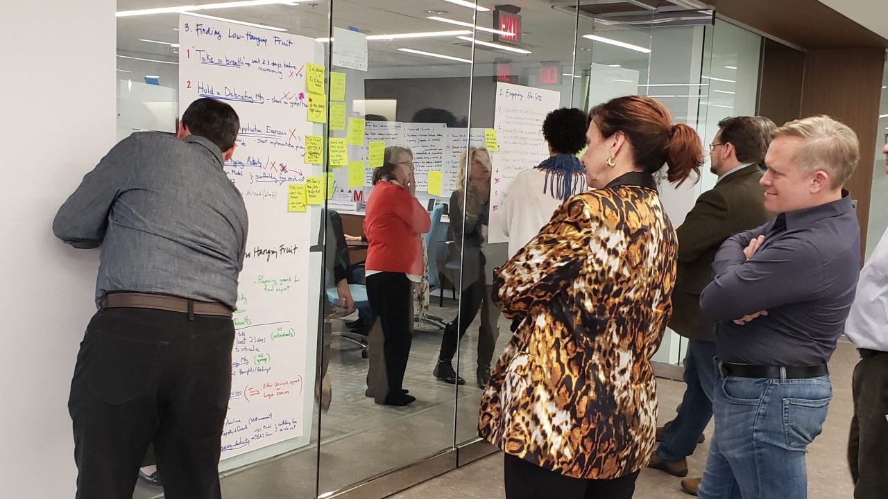 Participants in the convening stand around sheets of paper displayed on glass walls, writing and reading ideas and insights.