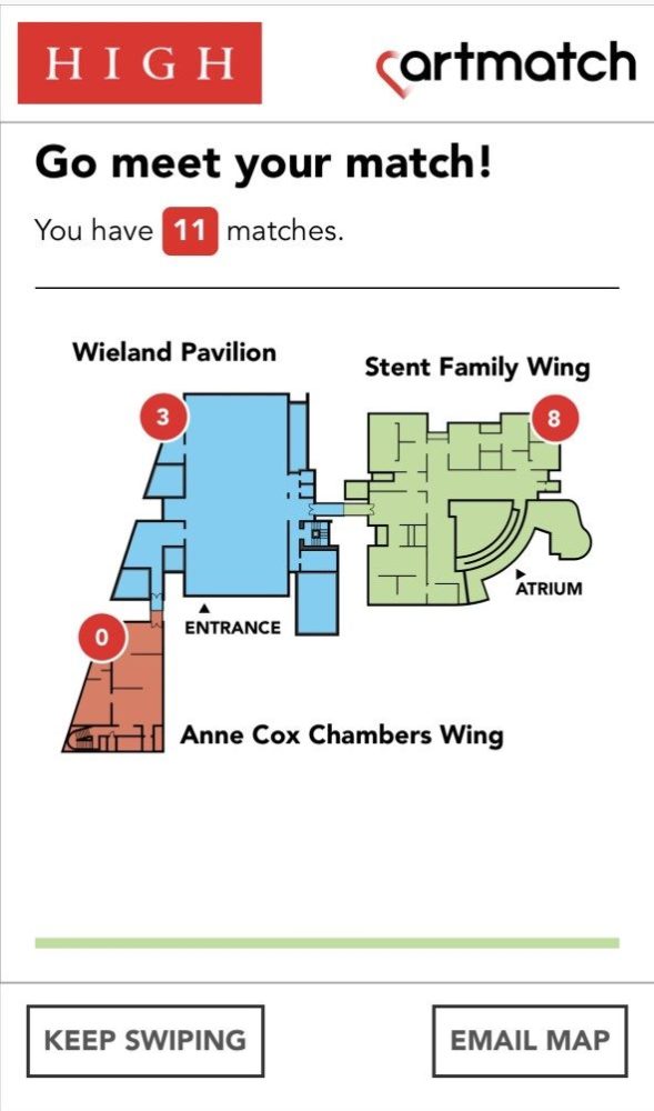 A screenshot of the app says "Go meet your match! You have 11 matches." A map below shows where the matches are by section of the museum; eight are in the "Stent Family Wing" and 3 are in the "Wieland Pavilion."