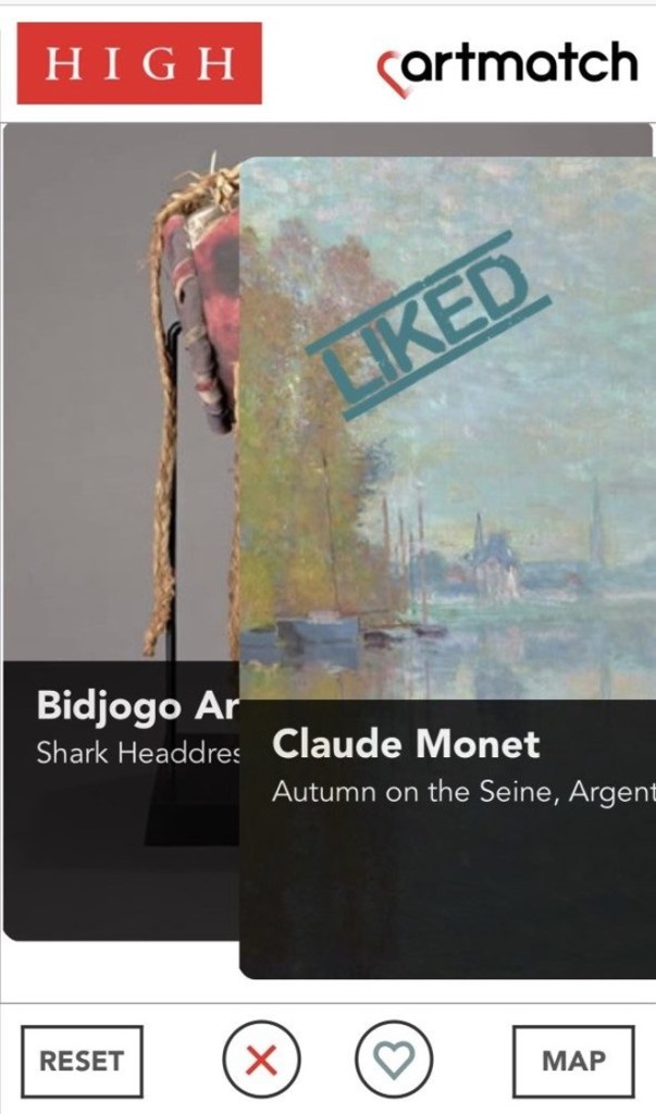 A screenshot of the app shows a Claude Monet painting being "liked," while the next work in the sequence peeks out from behind it.