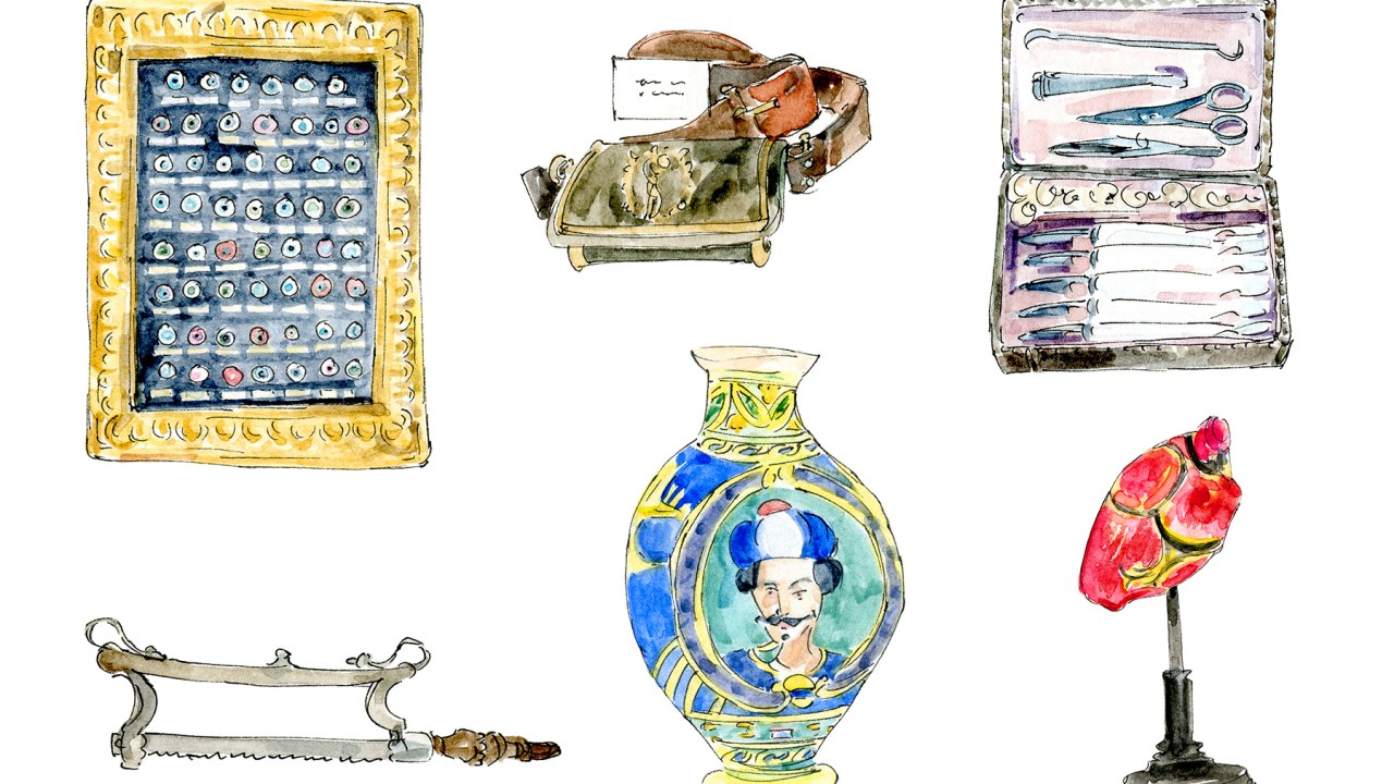 An illustration of an array of objects from the museum's collection, including an urn, a set of medical instruments, a saw, an eye chart.