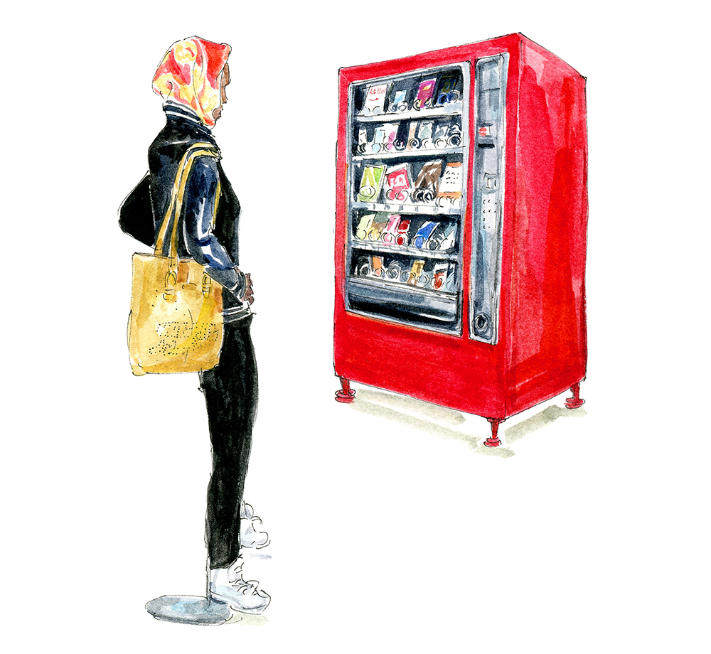 In the illustration, a woman looks at an artwork that resembles a red vending machine. 