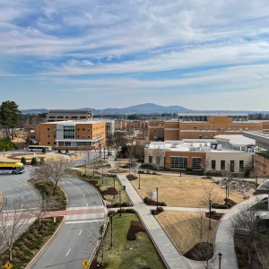 An aerial photograph of a college campus