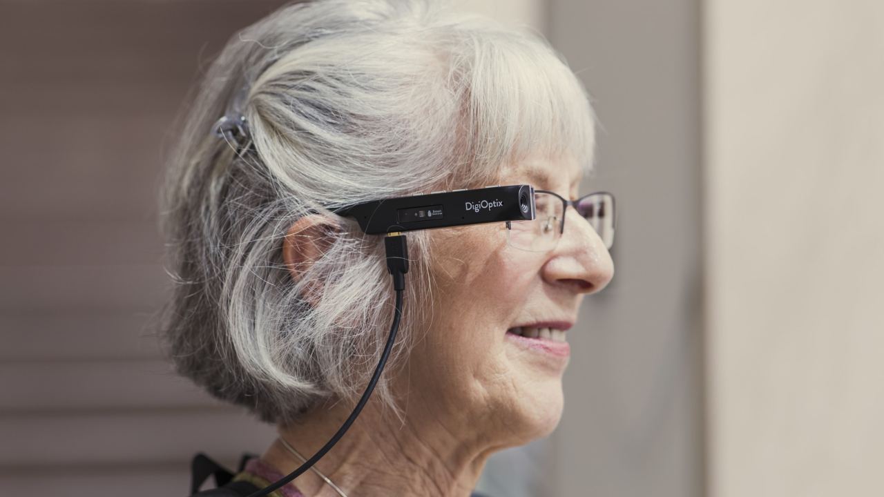 A woman wearing glasses attached to a cord.