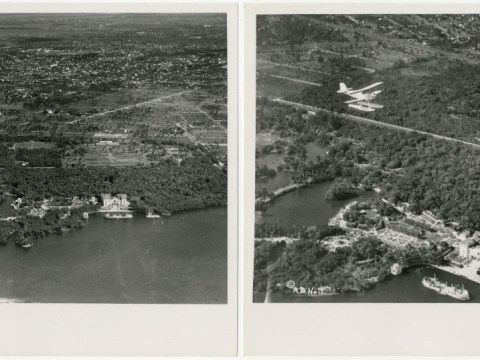 The aerial photographs show a house on the edge of a body of water.