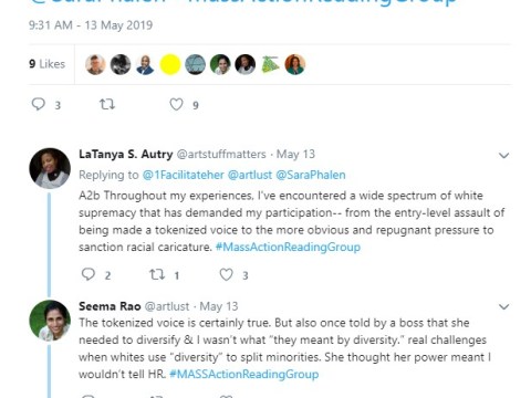 A poster in the tweetchat poses the question "In what ways are you expected to uphold white supremacy to align to cultural expectations of your organization?" to which other people respond with examples.