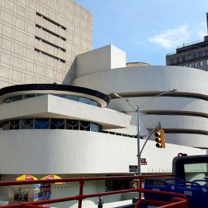 Exterior shot of the spiral-shaped facade of the Guggenheim museum in New York.