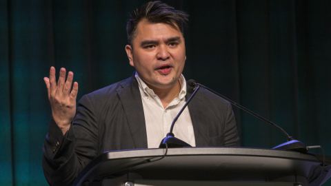 A picture of Jose Antonio Varges at the podium during his keynote talk.