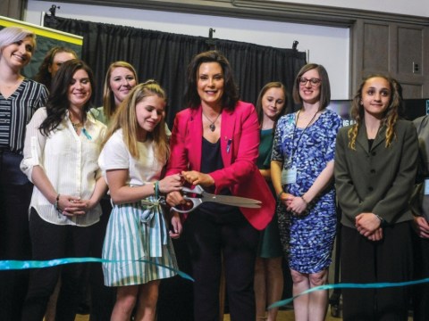 Top: Michigan Governor Gretchen Whitmer opens the exhibition with sister survivors on April 16, 2019. Bottom: A teal bow and ribbon tribute tied to a tree in honor of a sister survivor.