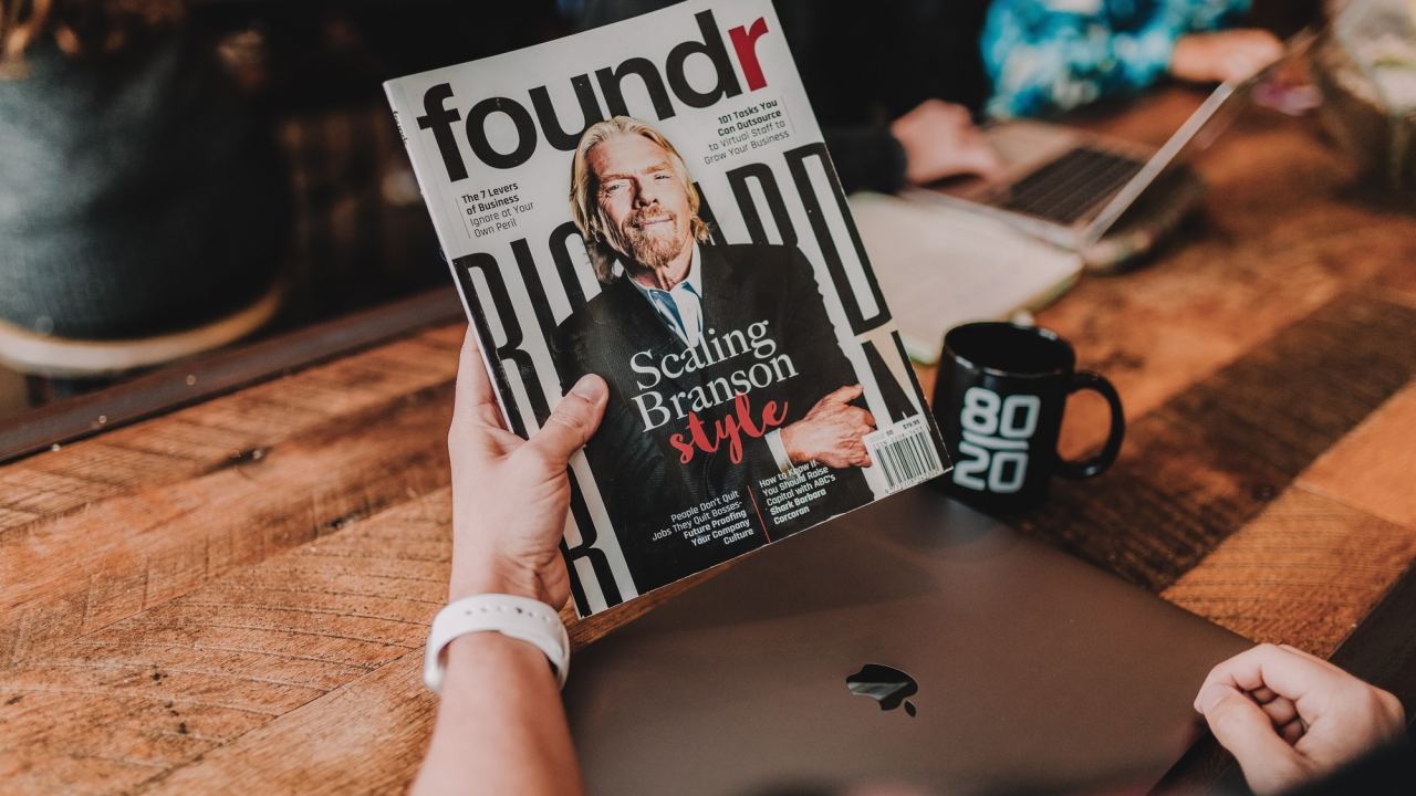 A magazine cover of "Foundr" magazine with Richard Branson on the cover.