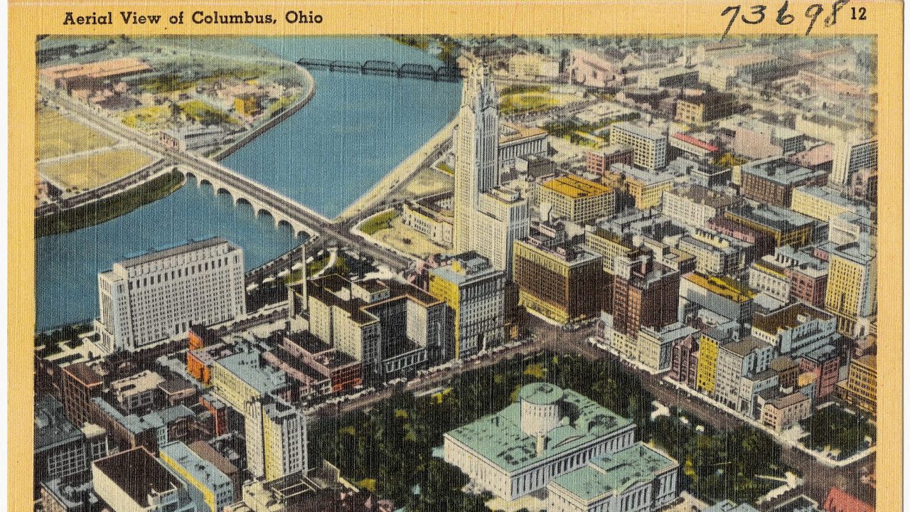 An illustration of an aerial view of Columbus, Ohio.
