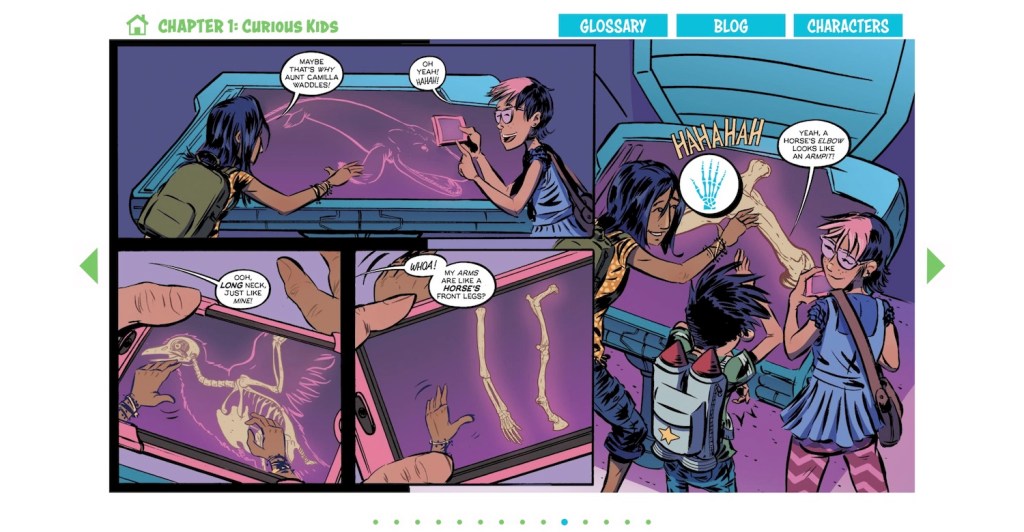 A panel from the comic labeled "Chapter 1: Curious Kids" shows the kids studying x-rays of animal skeletons.