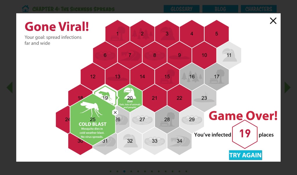A game from the comic that says "Gone Viral! Your goal: spread infections far and wide." The display shows a honeycomb structure, with each hive bearing a number.