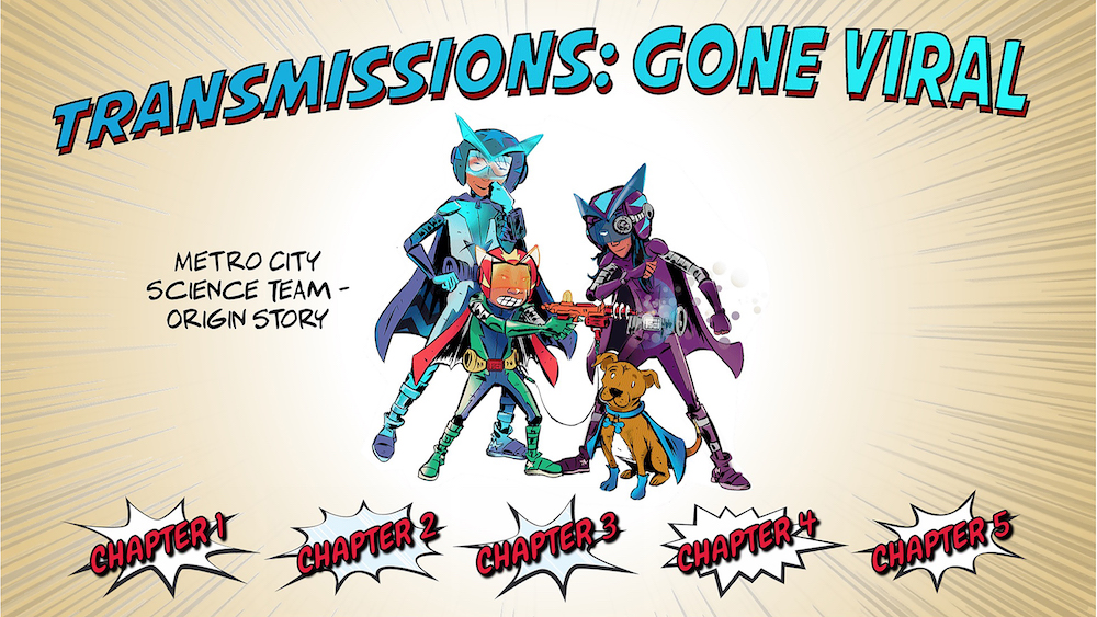 The home screen of the comic with the title "Transmissions: Gone Viral" and buttons to select chapters one through four.