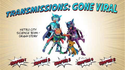 The home screen of the comic with the title "Transmissions: Gone Viral" and buttons to select chapters one through four.