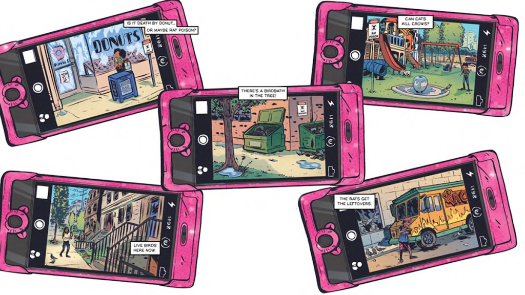 An illustration of an array of smartphones with photos on them from around New York City streets.