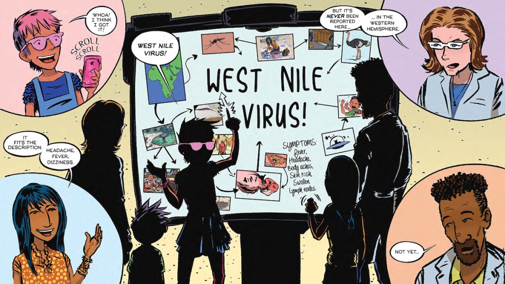 A panel from the comic shows the children mapping out the spread of West Nile virus, with a list of symptoms associated with the virus.