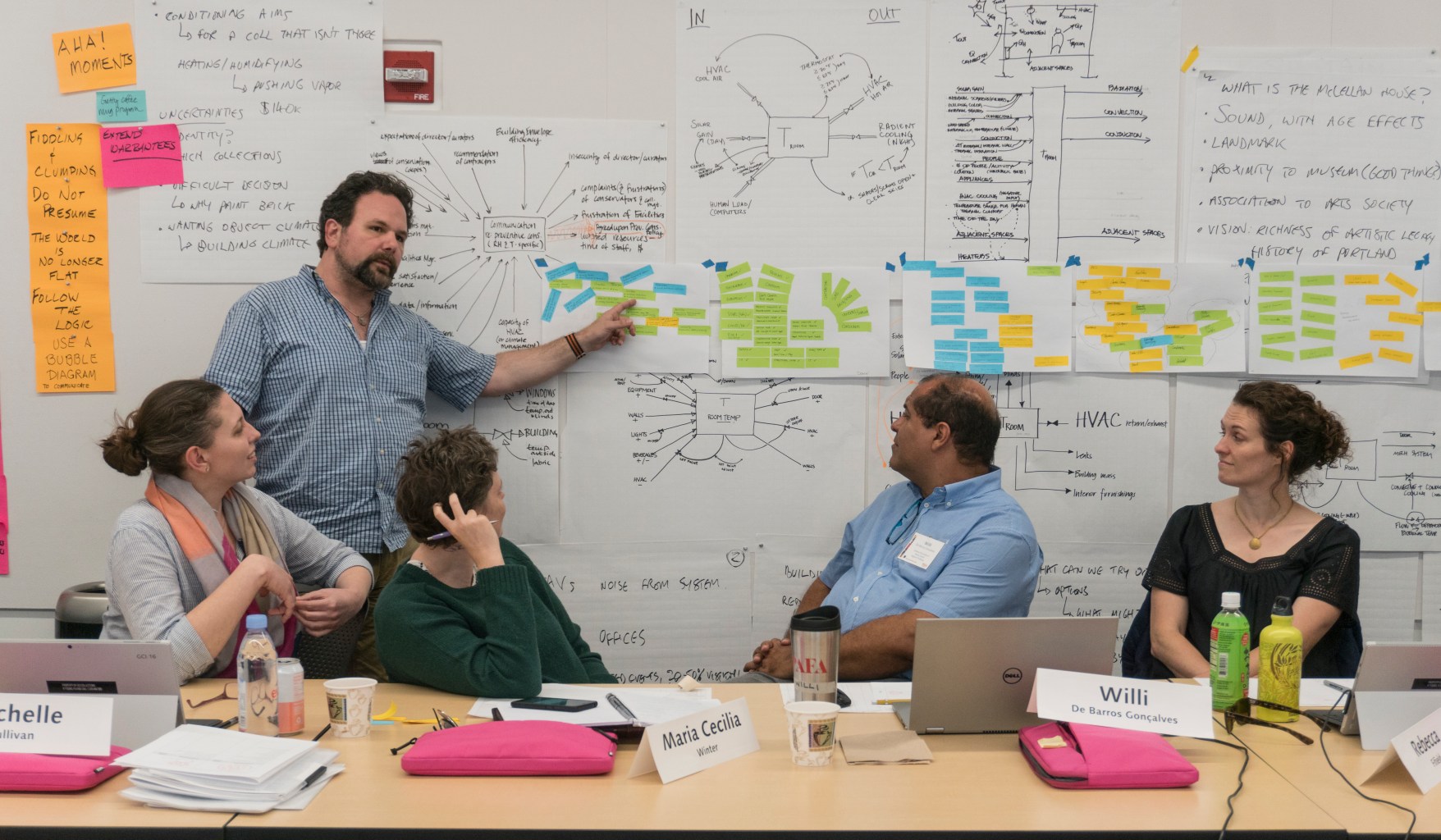 A group of people look at diagrams on a whiteboard.