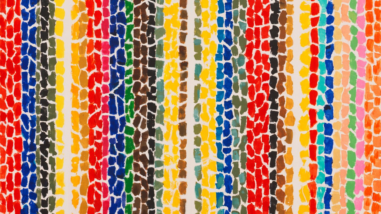 An abstract painting of bright brush strokes arranged in stripes