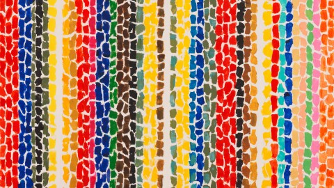 An abstract painting of bright brush strokes arranged in stripes