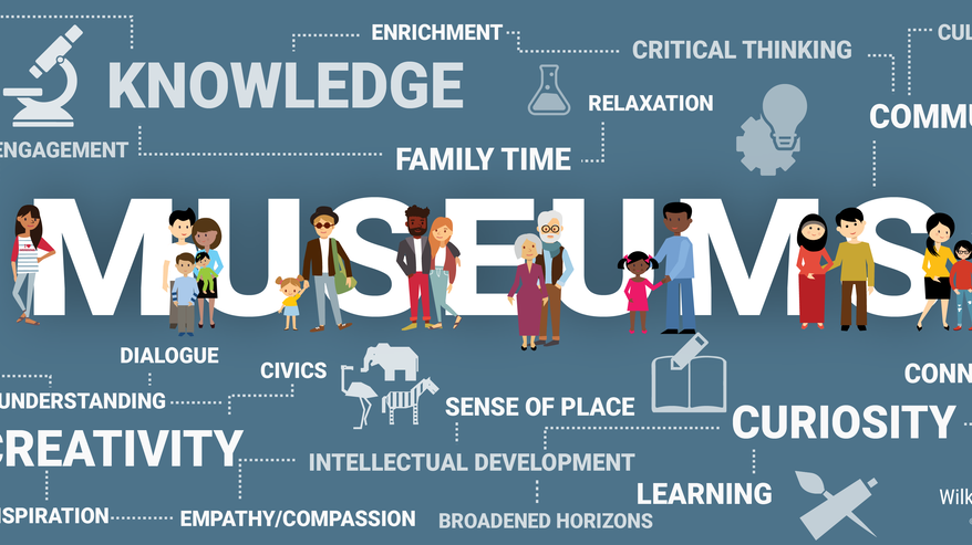 A graphic that says "MUSEUMS" in large letters, with smaller phrases like "knowledge," "enrichment," and "sense of place" branching off from it.
