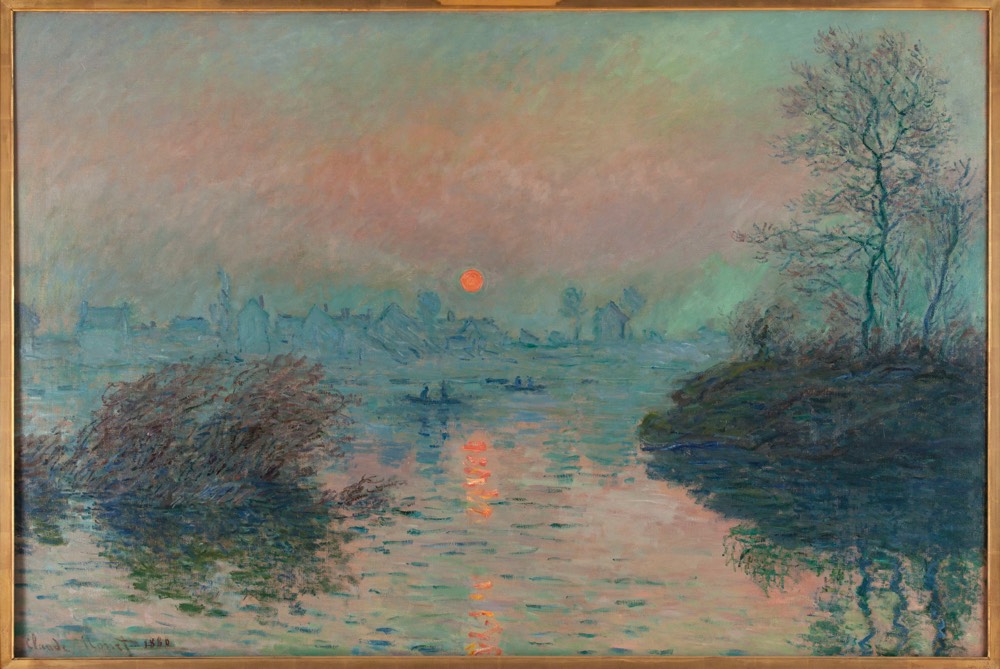 A Claude Monet painting of a muted river scene with the sun setting in the distance over a townscape with two boats on the river.