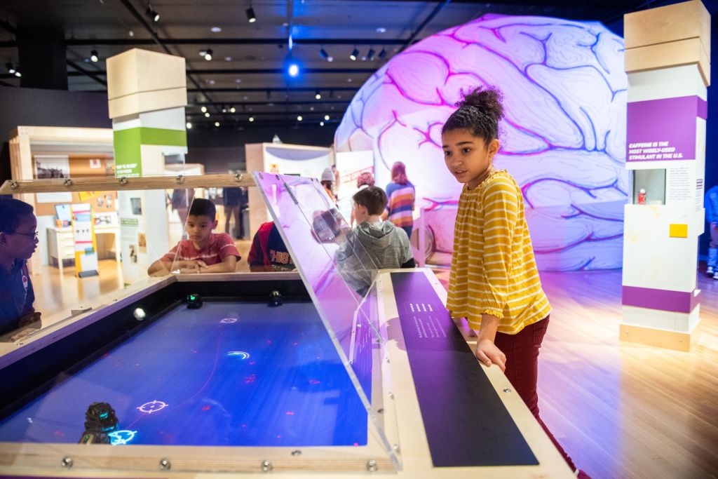 Children watch a display of small robots shuffling around on a table, with a large brain-shaped inflatable visible behind them.