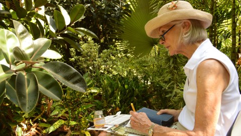 A person looking at a plant with concentration while holding a notebook and drawing implement