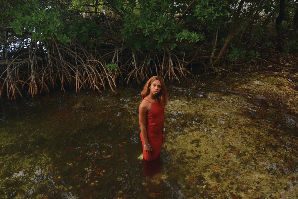 A person wearing a red spaghetti strap dress stands in a large pool of water surrounded by greenery. p
