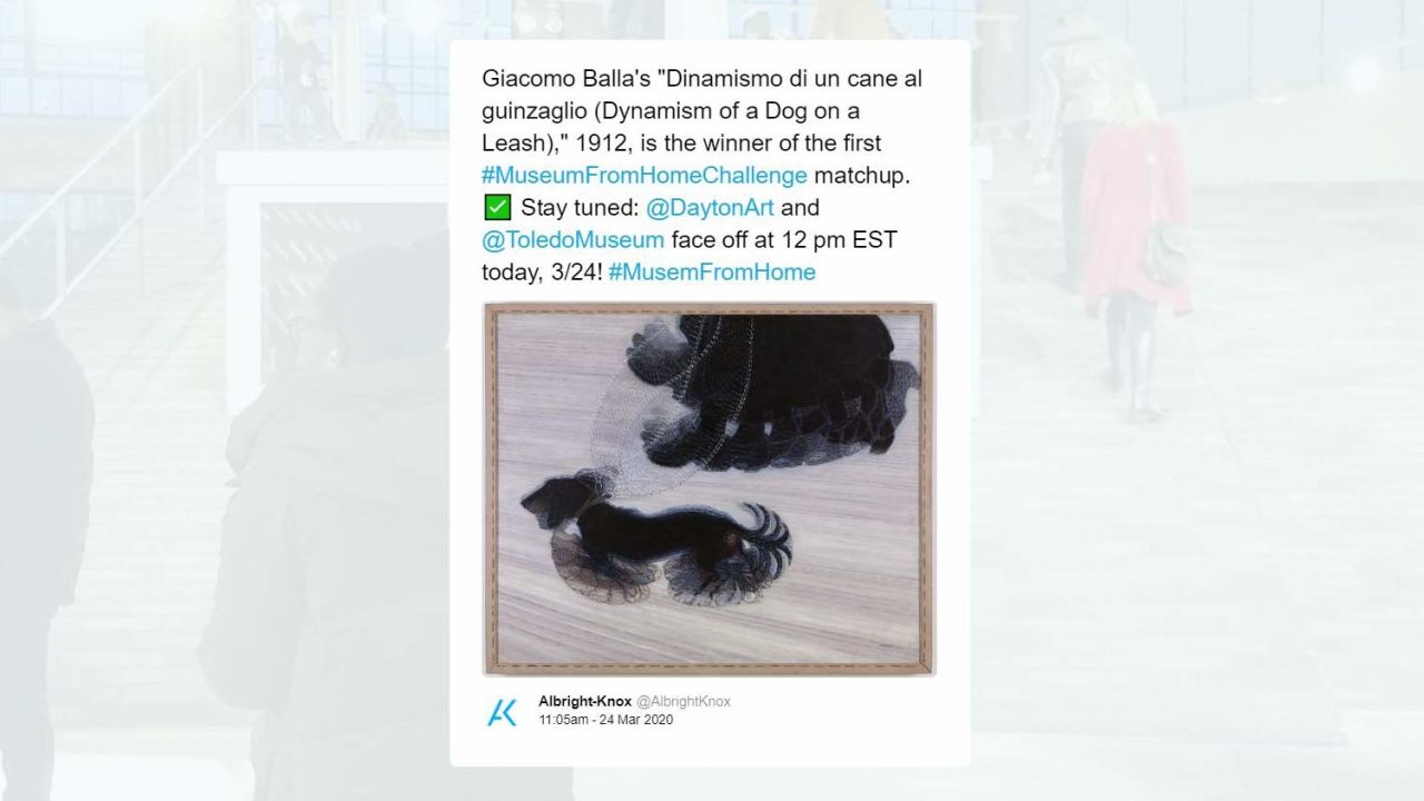 A screenshot of a tweet reading 'Giacomo Balla's 'Dinamismo di un cane al guinzaglio (Dynamism of a Dog on a Leash),' 1912, is the winner of the first #MuseumFromHomeChallenge matchup. White heavy check mark Stay tuned: @DaytonArt and @ToledoMuseum face off at 12 pm EST today, 3/24! #MusemFromHome"