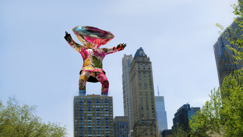 A rendering of a Nick Cave soundsuit standing on top of a tall building in Manhattan.