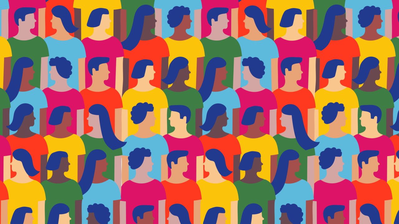 A graphic illustration of a diverse crowd of people.